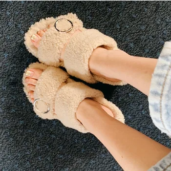 

New Khaki Fur Slippers Women Autumn Winter Home Mules Shoes Buckle Furry Pantoufle Femme Fur Slides Womens Flat Zapatos Mujer