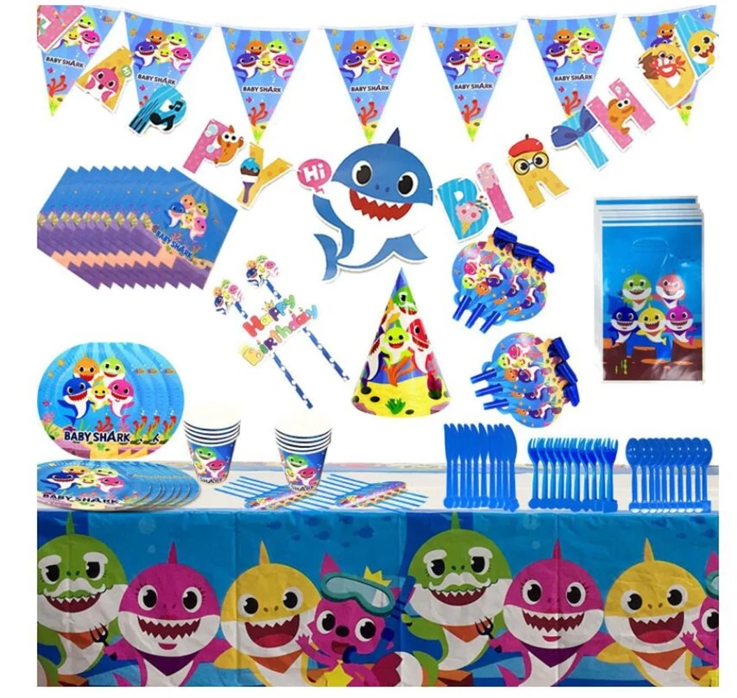 New Fashion Cute Ocean Shark Theme Tableware Baby Balloon Birthday Party Decoration Disposable Paper Table Dinner | Дом и сад