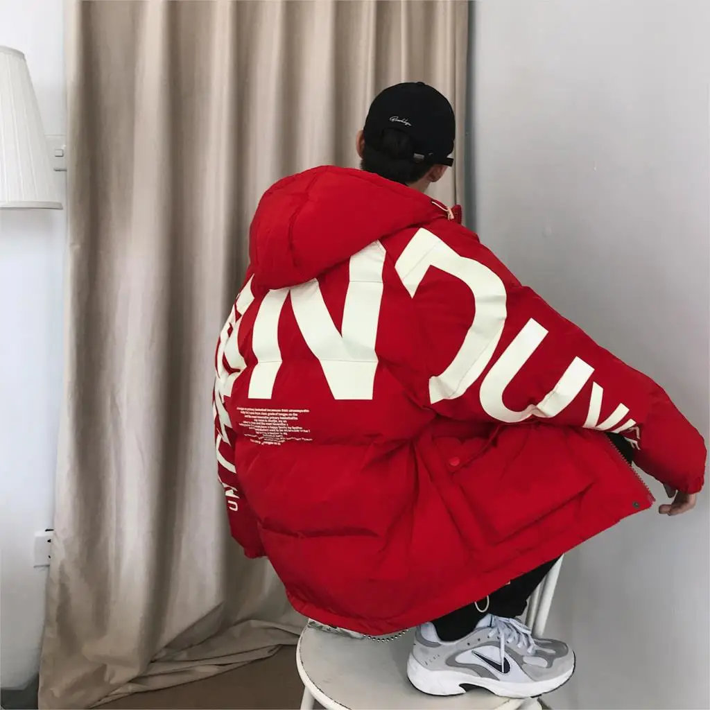 

Thick Warm Men Winter Jacket Clothes Casual Loose Harajuku Mens Parkas Coats Hooded Print Red Male Windbreaker