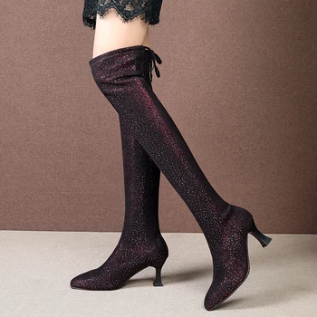 

Rimocy Women Fashion Glitter High Heels Long Boots Sexy Pointed Toe Elastic Slim Over The Knee Boots Flock Lace Up Botas Mujer