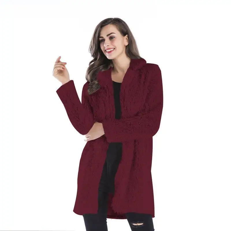Women Casual Turn Down Collar Long Buttons Patchwork Above Knee Solid Sleeve Fuzzy Long Cotton Coat