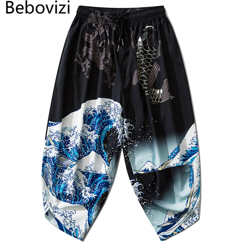 Japanese Kimono Pants Vintage Bloom Harajuku Waves Print Casual Trousers Women Men Traditional Asian Clothing