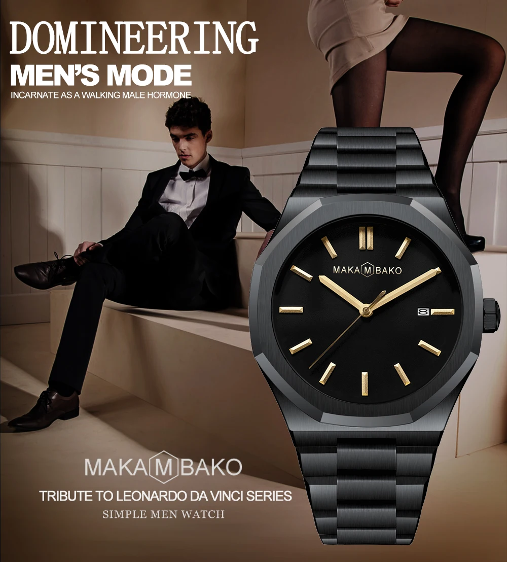 Original Top Brand All Black Stainless Steel Men's Wristwatch Classic Business Waterproof Japan Movement Quartz Watch For Men