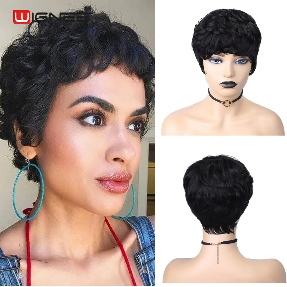 Парики Wignee из коротких вьющихся человеческих волос с бесплатной челкой для