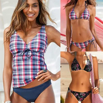 

hirigin Women V-neck Plaid Bikini Set Swimsuit 2020 New Bandage Lace-up Halter Push-Up Padded Swimwear Swimsuit Bathing Monokini