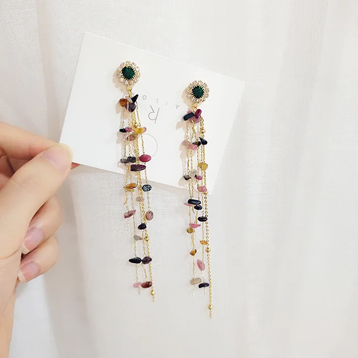 

2019 New Bohemia Sun Flower Colorful Stone Long Tassel Earrings For Women Charm Stones Pendant Earrings Jewelry Gift For Girl
