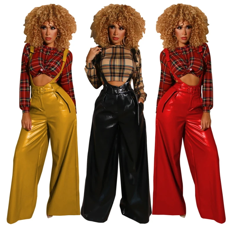 PU Faux Leather Bib Overalls For Women Wide Leg Palazzo Pants Loose Sexy Casual Rompers Womens Jumpsuit Suspenders With Belt