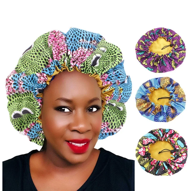 

New Big Print Ankara Women Sleep Bonnet Women Head Cover Silky Stain Elastic Cap Ladies Head Wrap Hat Hair Accessories Fashion