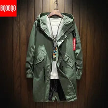 Длинный Тренч, мужская куртка, хлопок, осень, весна, черный, хип-хоп, японский стиль, уличная одежда, мужская куртка с капюшоном, армейский зеленый цвет, повседневные куртки