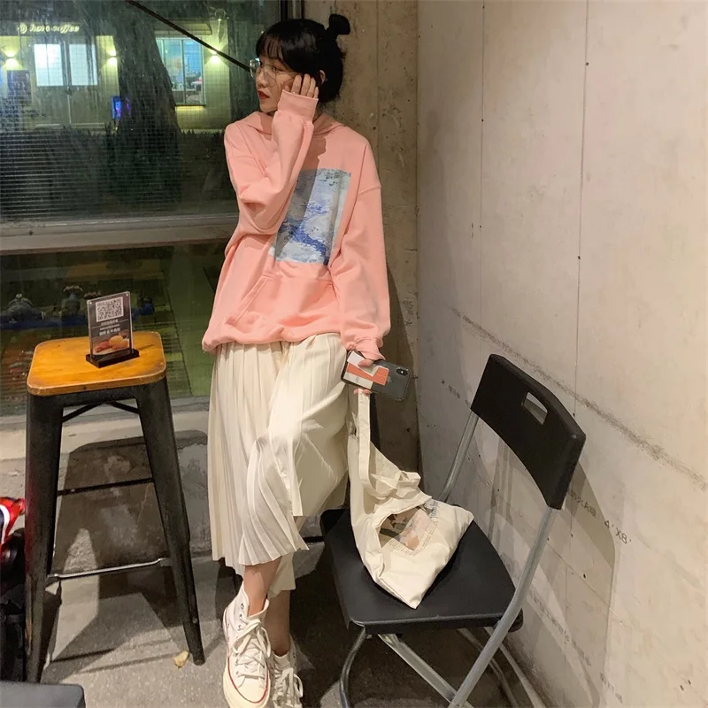 Ulzzang шикарный Повседневный стиль принт с чернилами весна осень свободные розовые толстовки Свободная Женская одежда harajuku толстовки