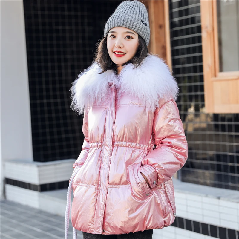 

Large Natural Wool Fur Women Down Jacket 2019 Sliver Black Waterproof White Duck Down Coat Female Winter Women's Down Parka
