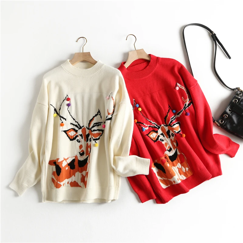 H.SA Women Christmas Sweaters Cartoon Christmas Deers Embroidery Knit Sweater Jumpers Red Warm Chic Retro Pull Femme