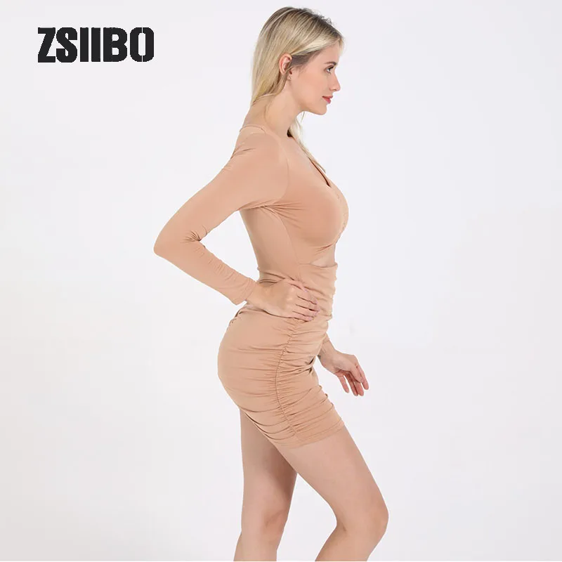 ZSIIBO/Новинка года; сезон осень-зима; однотонное сексуальное облегающее платье с длинными рукавами и вырезами