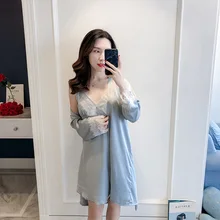 Повседневный женский летний ночной халат-Пижама, комплект из 2 предметов, сексуальный женский топ на бретелях, пижама, домашняя ночная рубашка, халат для сна, банное платье