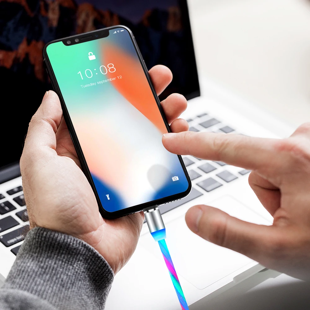 Магнитный USB C Micro USB кабель для iPhone Flow светящийся кабель провод для быстрого заряда type-C 8 Pin зарядное устройство мобильный телефон USB кабель