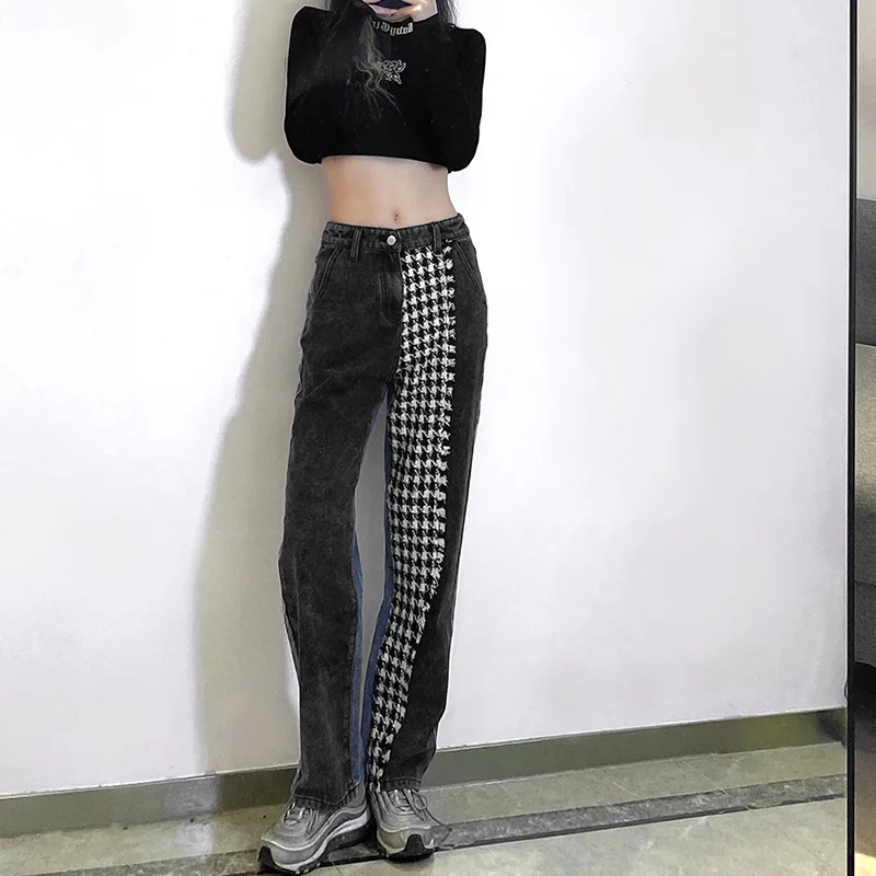 

Zoulv 2020 Winter New Women's High Waist Loose Fashion Black White Plaid Contrast Stitching Mopping Pants Denim Straight Pants