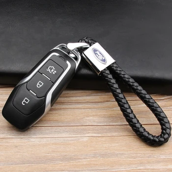 

1 pcs creative gift pendant D type buckle leather woven rope keychain for Ford car logo metal key ring men and women ornaments