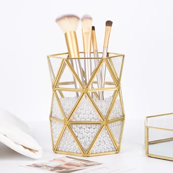 

Nordic Gold Beauty Brush Tube Bronze Makeup Brush Storage Bucket Simple Inserted Vase Irregular Glass Storage Tube