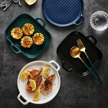 

MUZITY Ceramic Baking Plate Round Porcelain Dinner Dish Special Snack or Bread Plate with Handle Bakeware