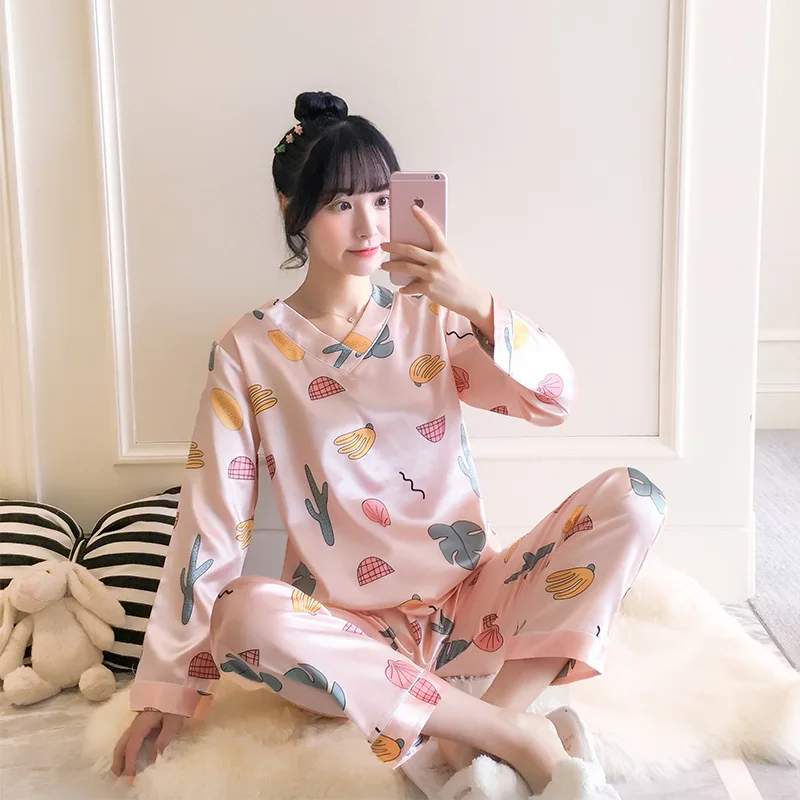 

New Style Long Sleeve Pajamas Women's Autumn And Winter Imitated Silk Fabric Set Korean-style Two-Piece Set V-neck Viscose Casua