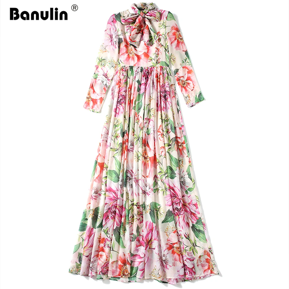 

Banulin Runway Maxi Dresses Summer Women Floral Print Sashes robe femme Boho Holiday Big Swing Chiffon Long Dresses + Scarf