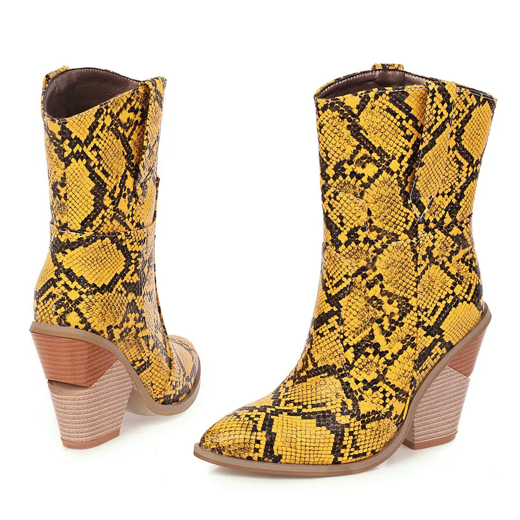 autumn Winter new Womens Leather Snake Print Wedges Shoes Pointed Toe Cowboy Slip-On Boots high heel boots women boots#O19