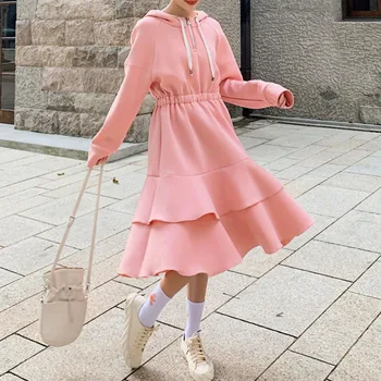 

Vintage Long Sleeve Solid Zipper A-Line 2020 New Fashion Thickening Midi Skater Hem Loose Autumn Dress School Warm Hat Women