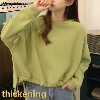 

Hoodies Women Drop-shoulder Short Solid Simple O-Neck Pullovers Sweatshirts Plus Velvet Korean Fashion Kawaii Lovely Womens Soft