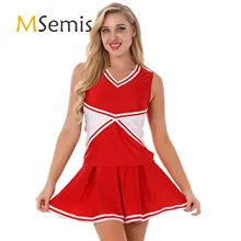 

Womens Cheerleading Outfit Sport Dance Competition Cheerleader Costume Color Block V Neck Sleeveless T-shirt with Pleated Skirt