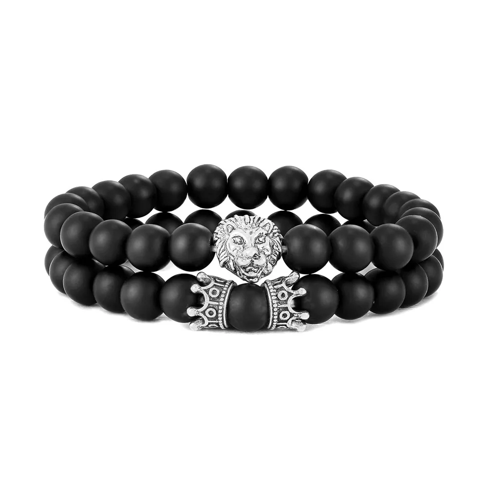 Bracelet Jewelry 2 Pcs / Set Vintage Lion Head and Crown Charm Bracelet 8mm Natural Lava Stone Beads Bracelet Men Fashion Jewelry