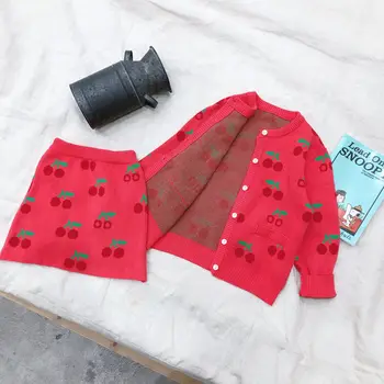 

2PCS WLG Girls Clothing Set Kids Spring Cherry Printed Knitted Sweater and Skirt Red Set Baby Girl Casual All Match Clothes