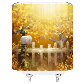 

Autumn Shower Curtain Yellow Leaf Tree Antique Wooden Fence Mailbox Number 3 Polyester Bathroom Decoration 70 Inch with Hook