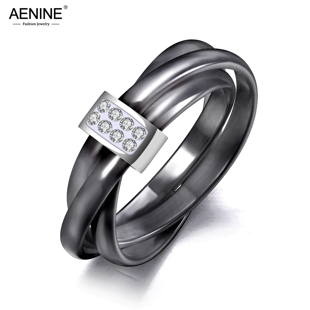 AENINE эксклюзивные 3 слоя черный/белый керамический Кристалл обручальные кольца ювелирные изделия розовое золото нержавеющая сталь стразы кольцо AR19066