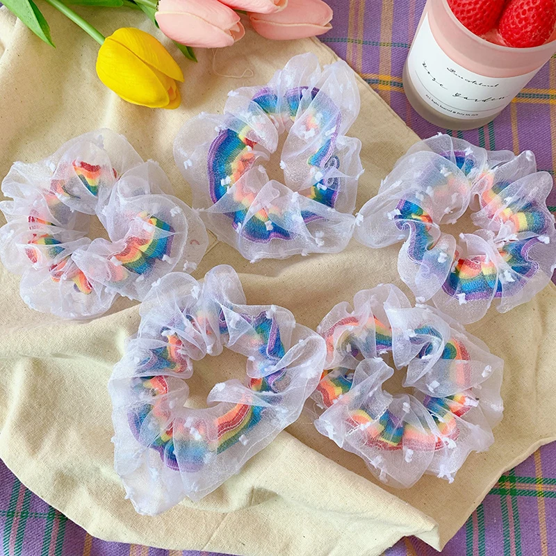 

Women INS Elastic Kawaii Lace Hair Bands Tie Print Rainbow Dot Star Girls Mesh Scrunchies Headwear Tulle Hair Accessories
