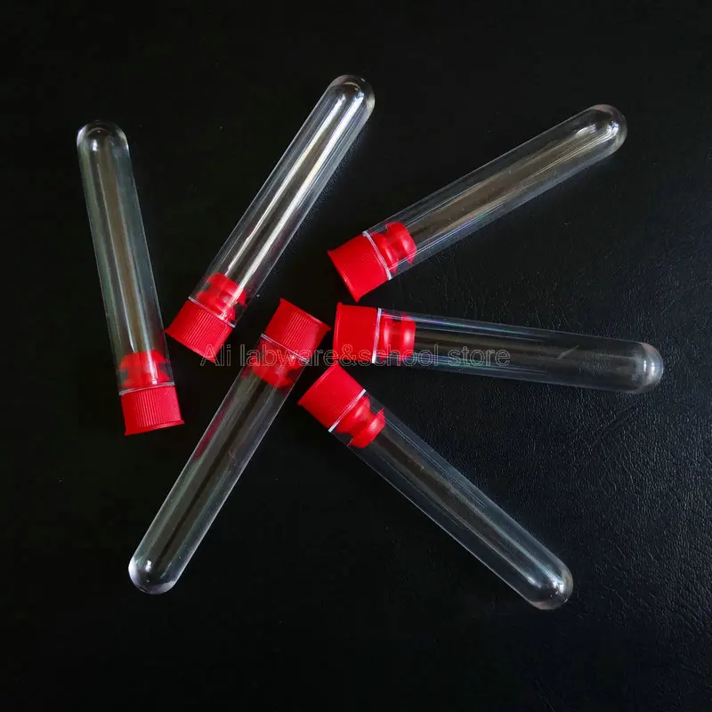 

100pcs/lot 12x60mm Lab Round Bottom Plastic Test Tubes With Red Caps School Labware Supplies