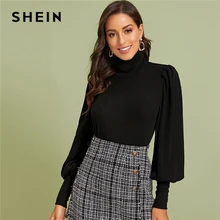 SHEIN черная Элегантная футболка с высоким воротом в рубчик, женские топы, Осенние Топы с рукавами из бараньей шерсти, однотонные офисные женские повседневные футболки