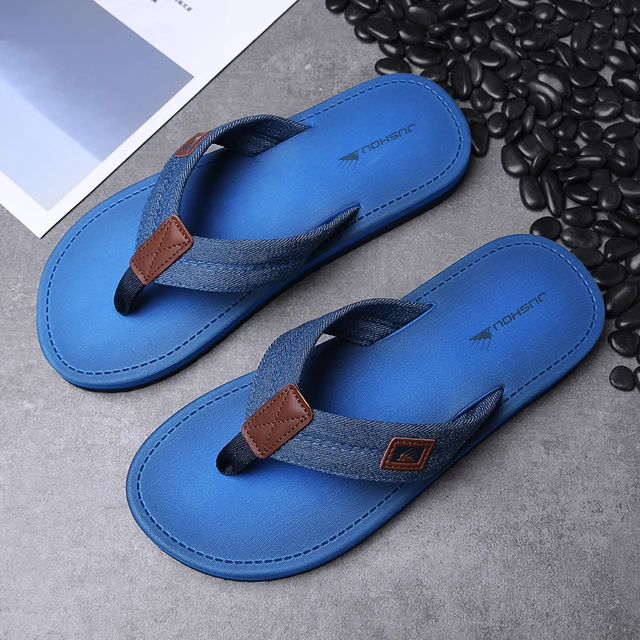 Summer Mixed Color Bathroom Slipper Classic Men Flip Flops Handmade Sewing Male Sandals Breathable Flip Flops For Men Household Blue