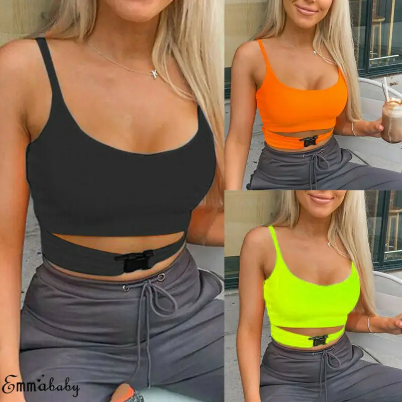 

Women Ladies Bodycon Tank Top Front Buckle Bralette Bralet Bra Bustier Fluorescent Solid Sleeveless Crop Top
