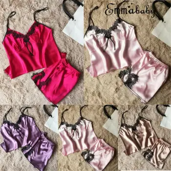 

Ladies Sexy Silk Satin Pajama Set Lace Pyjama Set Sleeveless Pijama Set V-neck Sleepwear Summer Home Wear Sleep Wear For Women