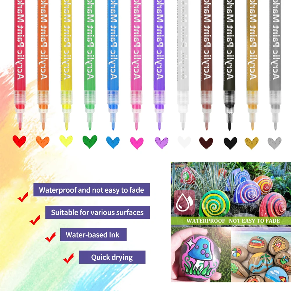 12/24/36 Colors Acrylic Paint Markers Set Water-Based Art Marker Pen 0.7-3mm Fine Tip for DIY Craft Canvas Ceramic Glass Stone