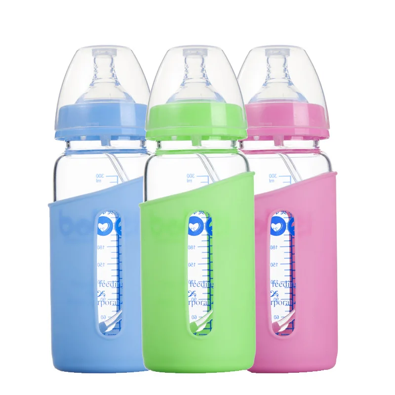 

Infant Glass Feeding Bottles Wide Mouth Shift against Flatulence 300ml with Silicone Cover Mom And Baby Product