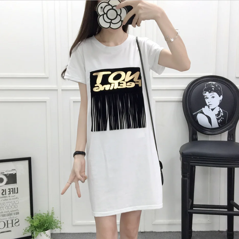 

Xia ji qun Children 2018 Simple Lettered Korean-style Loose-Fit Students Mid-length T-shirt Dress Dress