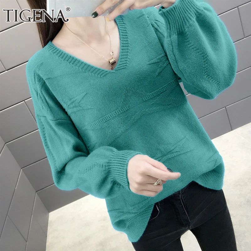

TIGENA 2019 Autumn Winter Loose V-neck Pullover Sweater Women Jumper Korean Long Sleeve Knitted Sweater Female Green Blue Pink