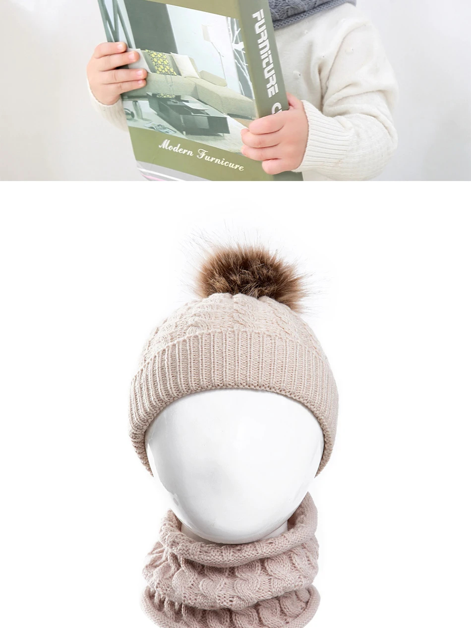 2Pcs Winter Korean Kids Knitted Hat Scarf Set Solid Color Neck Warmer Boys Girls Outdoor Warm Ear Protection Pompom Beanies Hats baby accessories drawing	