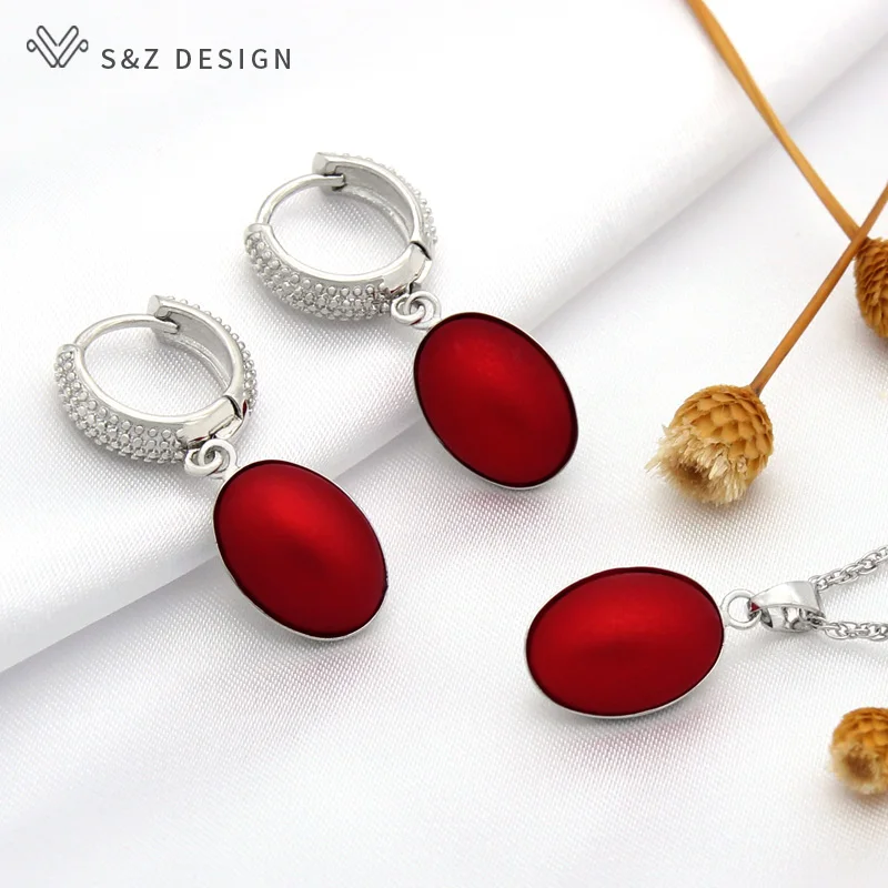 S&Z DESIGN Elegant Red Egg Shape Imitation Oval Pearl Dangle Earrings Necklace Jewelry Sets For Women Wedding Party Jewelry