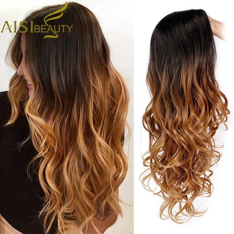 Billige AISI SCHÖNHEIT Lange Ombre Braun Wellenförmige Perücke Blonde Cosplay Synthetische Perücken Für Frauen Glueless Haar Hohe Dichte Temperatur Schwarz Grau