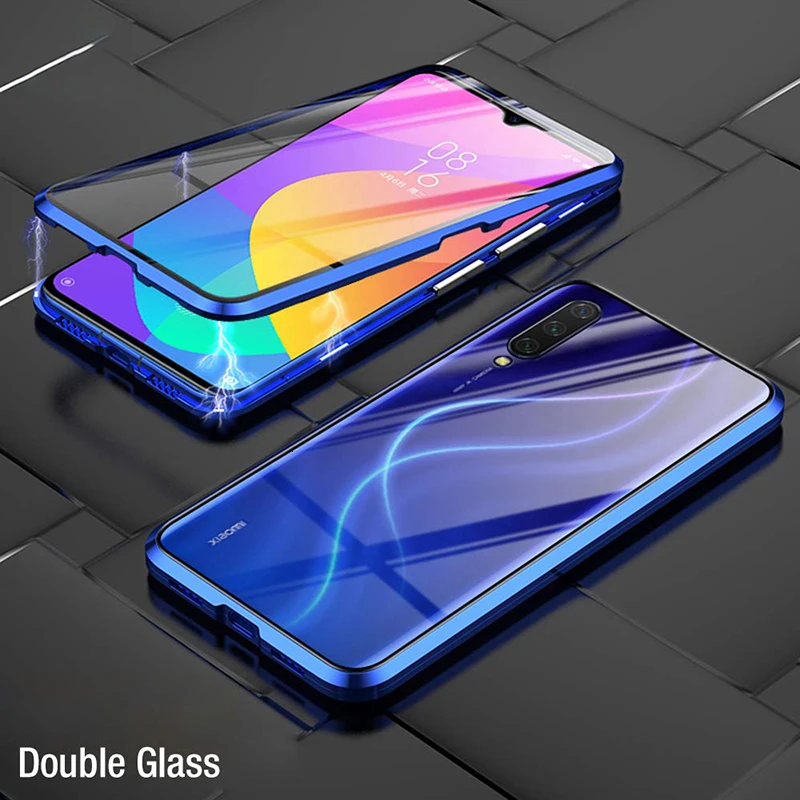 Blue Двусторонний магнитный металлический чехол для Xiaomi mi 9 SE 8 CC9 A2 A3 Lite POCO F1 9T для Red mi K20 Note 8 8T 7 10 Pro 8A стеклянная крышка - Цвет: Blue