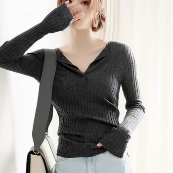 

Autumn New Fashion Thin Section Slim Sweater Solid Color Women Casual V-neck Long Sleeve Knit Tops