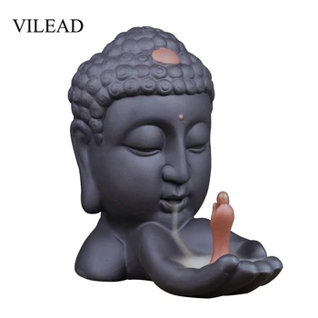 

VILEAD 14cm Ceramic Little Monk Buddha Head Blackflow Incense Burner Creative Zen Handmade Ornaments Incense Holder Aromatherpy