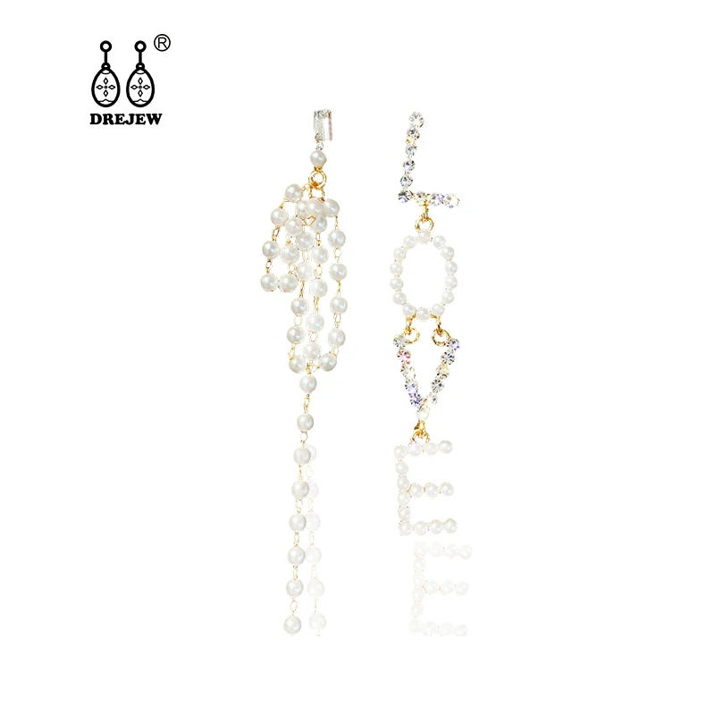 

DREJEW 2019 Letter LOVE Pearl Rhinestone Asymmetry Statement Dangle Earrings 925 Drop Earrings for Women Wedding Jewelry HE6121